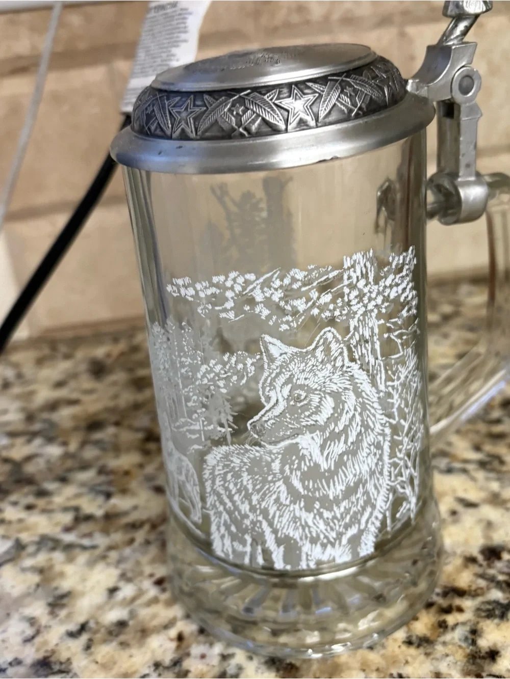 Glass Beer Stein with Wolf Etching and Pewter Lid - Clear